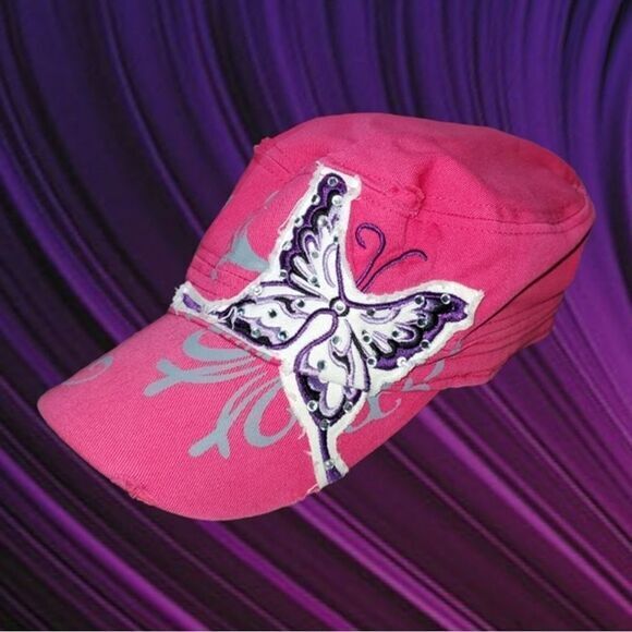 Y2K Distressed Pink Cadet Hat w/ Rhinestone Applique Embellished Butterfly OS - Picture 1 of 11